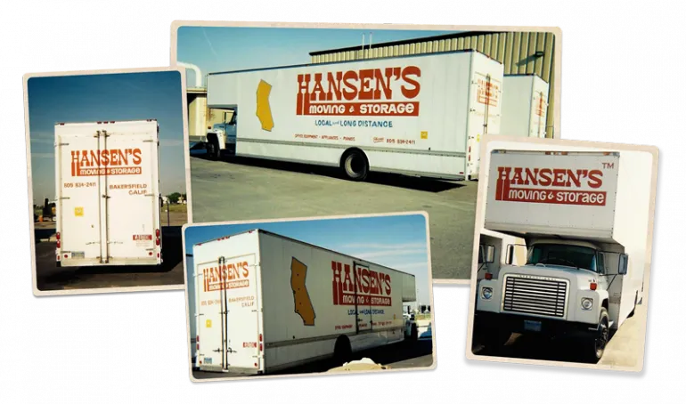 A collage of images showing different angles of Hansen's Moving & Storage trucks